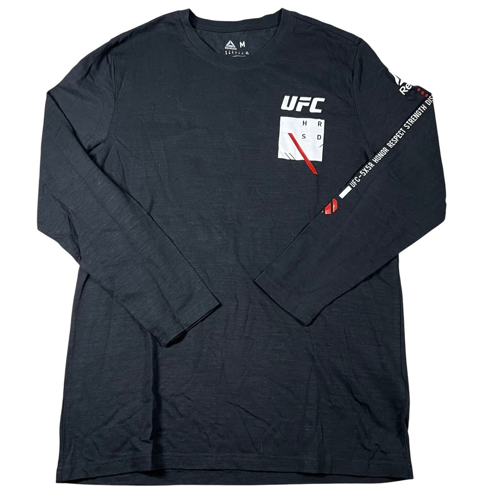 Reebok UFC Mens Long Sleeve T-Shirt Black Graphic Honor Respect Strength Size M